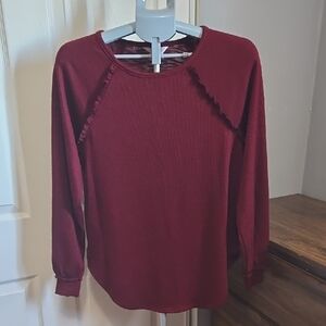 Women's Burgundy Long Sleeve Top Ribbed Ruffle Detail Fall Oversized Romantic